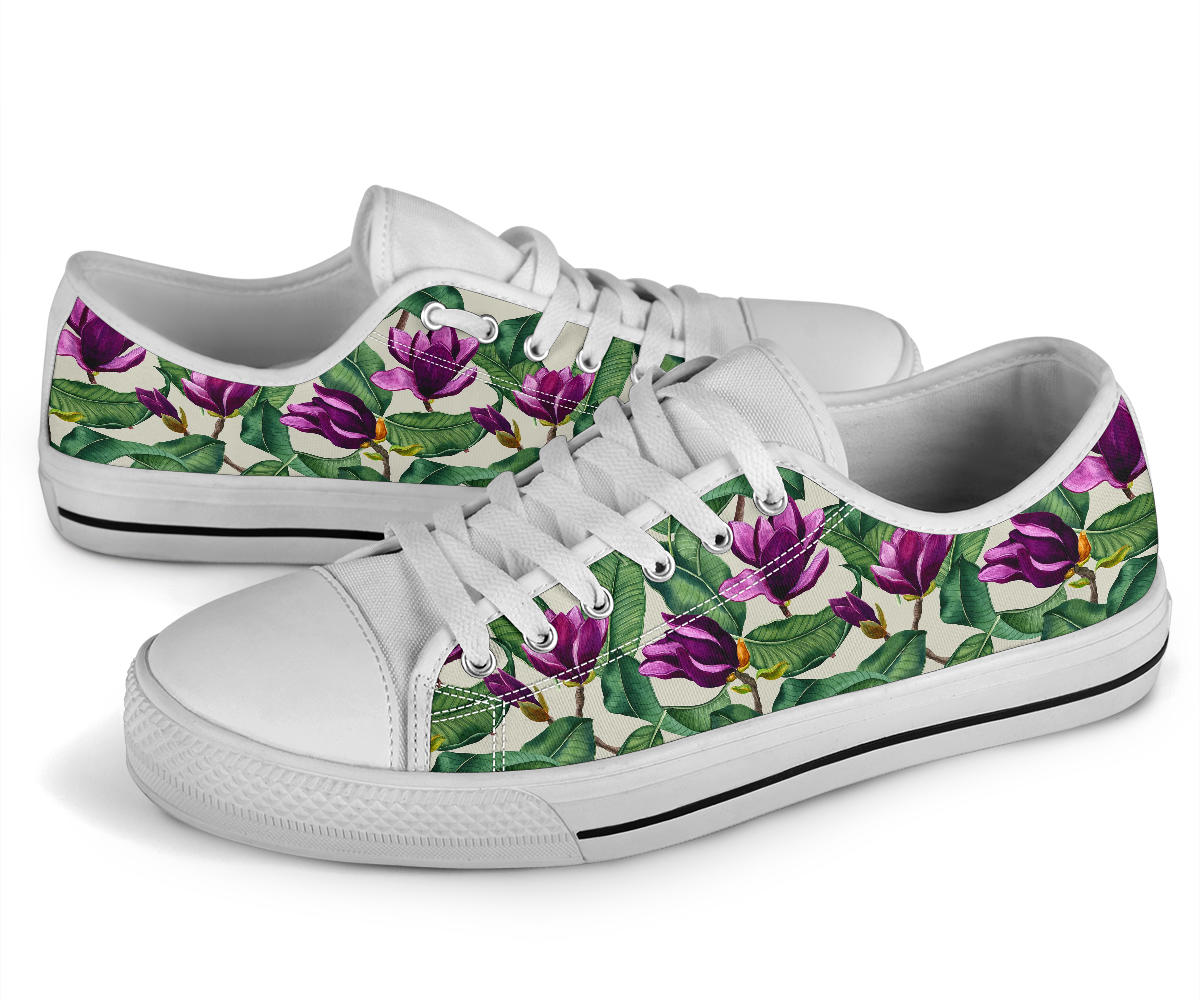 Magnolia Pattern Print Design MAG07 White Bottom Low Top Shoes