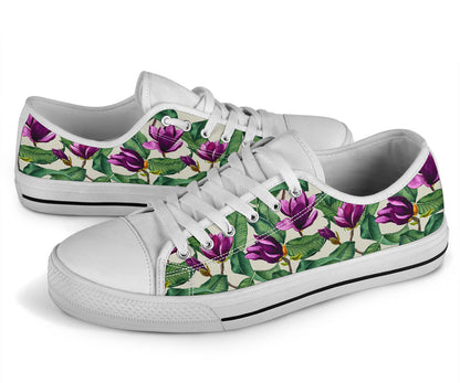 Magnolia Pattern Print Design MAG07 White Bottom Low Top Shoes