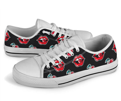 Cherry Pattern Print Design CH04 White Bottom Low Top Shoes