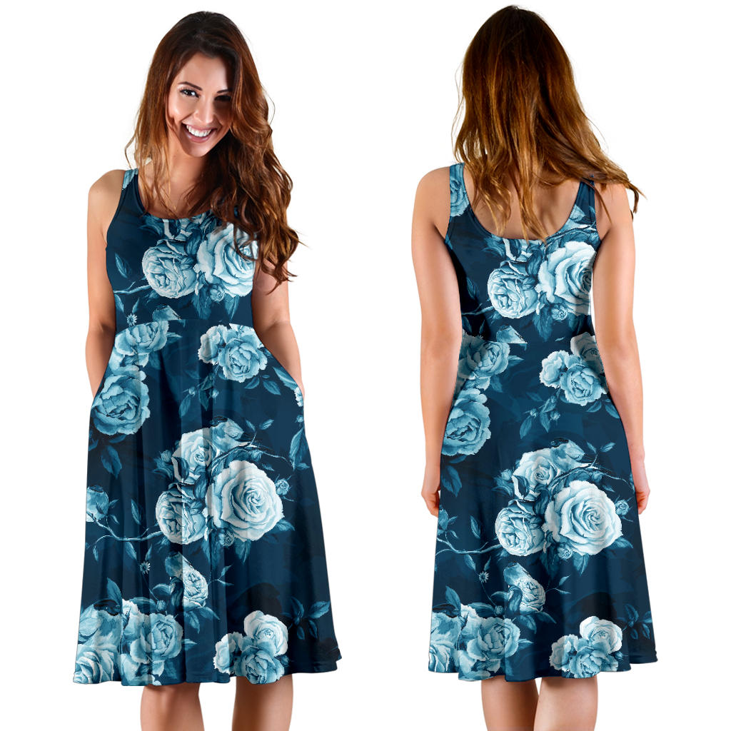 Rose Blue Pattern Print Design RO014 Midi Dress