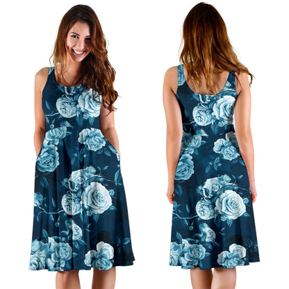 Rose Blue Pattern Print Design RO014 Midi Dress