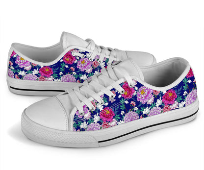 Dahlia Pattern Print Design DH013 White Bottom Low Top Shoes