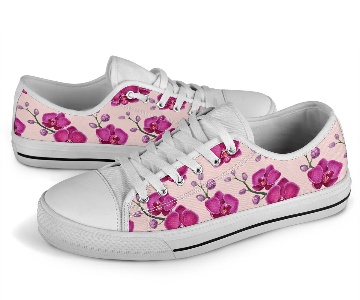 Orchid Purple Pattern Print Design OR04 White Bottom Low Top Shoes