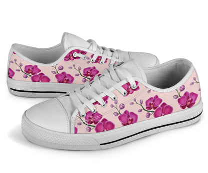 Orchid Purple Pattern Print Design OR04 White Bottom Low Top Shoes