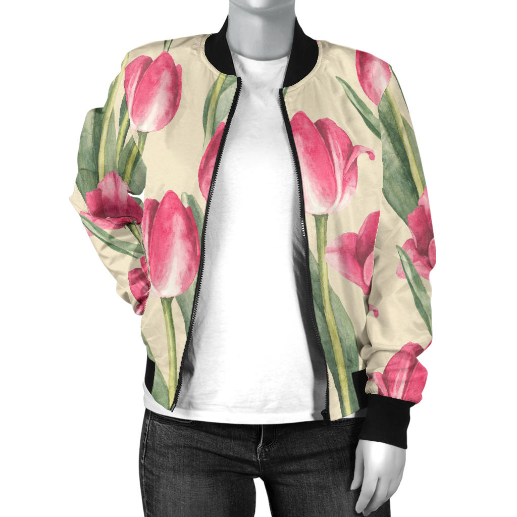 Tulip Pink Pattern Print Design TP06 Women Bomber Jacket