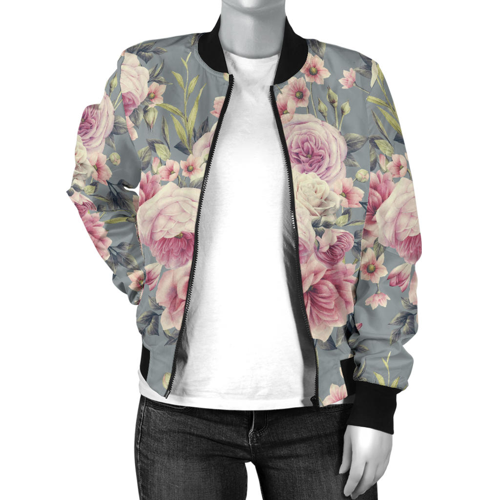 Peony Pattern Print Design PE05 Women Bomber Jacket