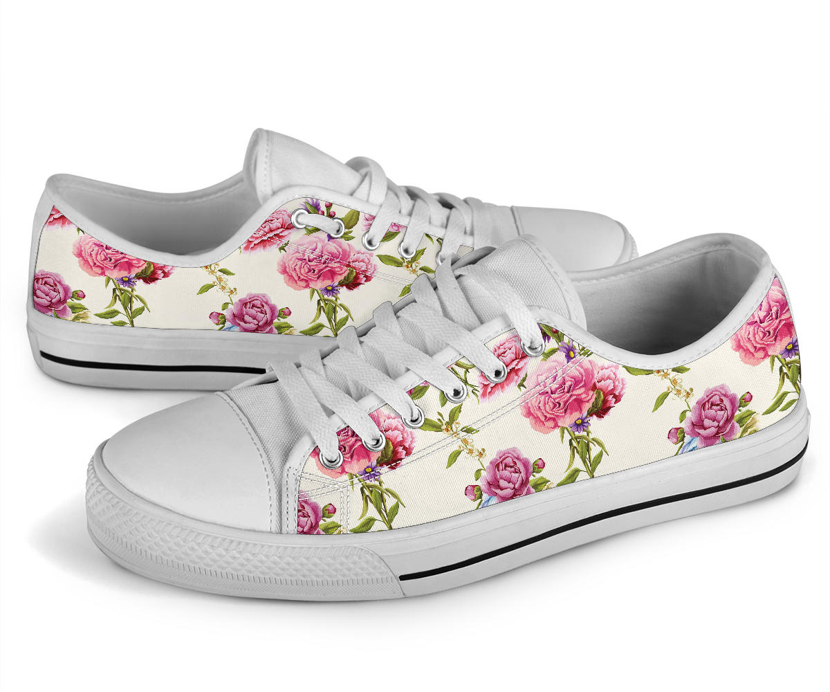 Carnations Pattern Print Design CN02 White Bottom Low Top Shoes