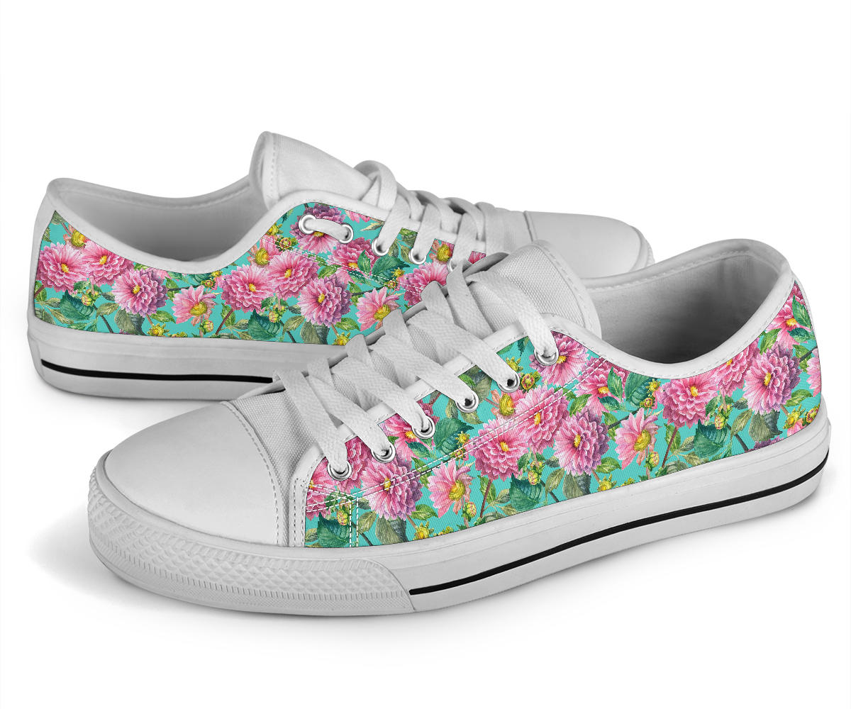 Dahlia Pattern Print Design DH07 White Bottom Low Top Shoes