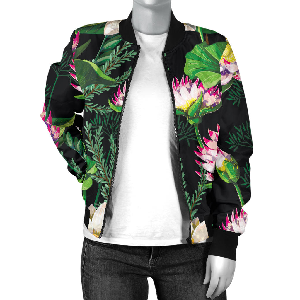 Water Lily Pattern Print Design WL010 Women Bomber Jacket