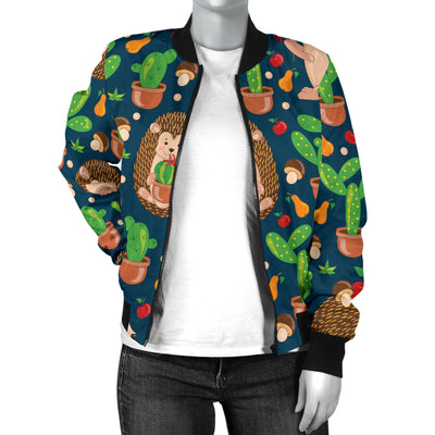 Hedgehog Cactus Pattern Print Design 04 Women's Bomber Jacket