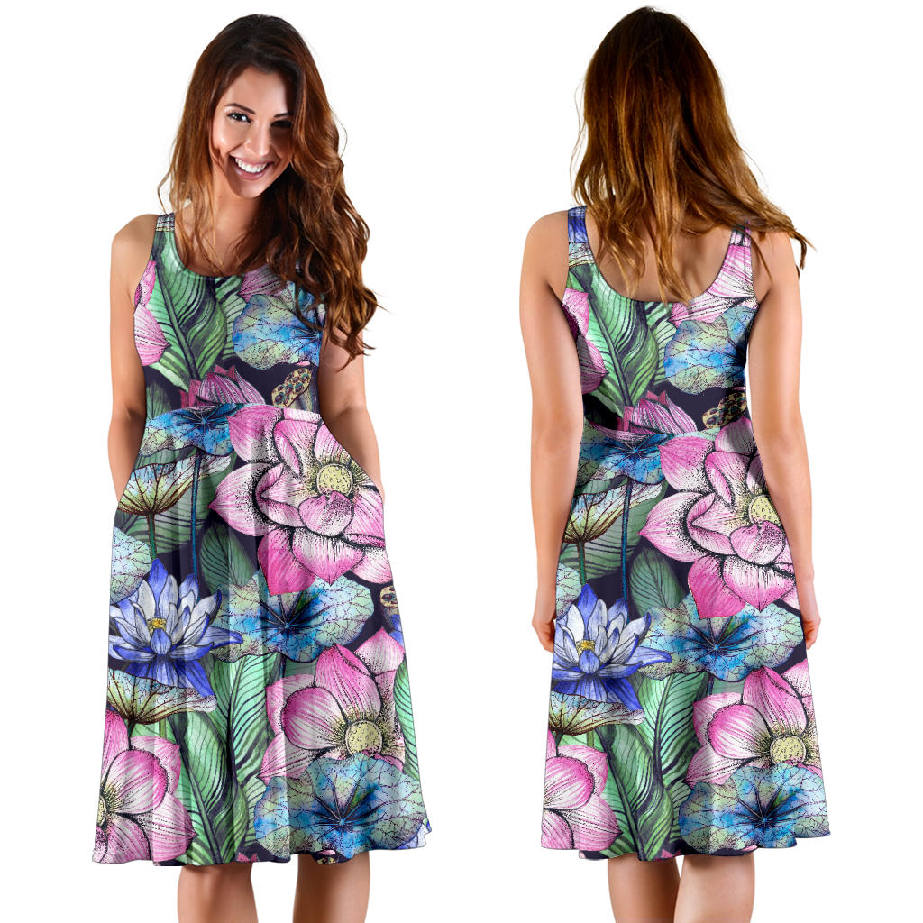 Water Lily Pattern Print Design WL07 Midi Dress