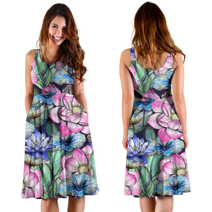 Water Lily Pattern Print Design WL07 Midi Dress