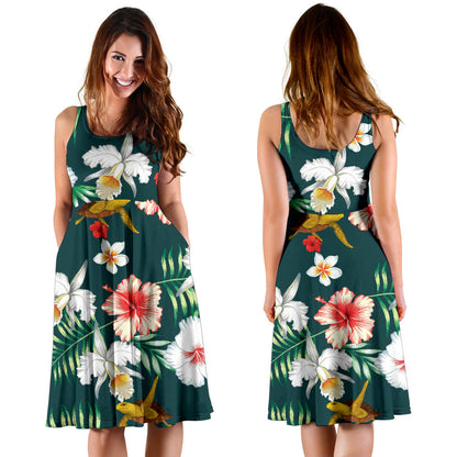 Hawaiian Flower Design with SeaTurtle Print Midi Dress