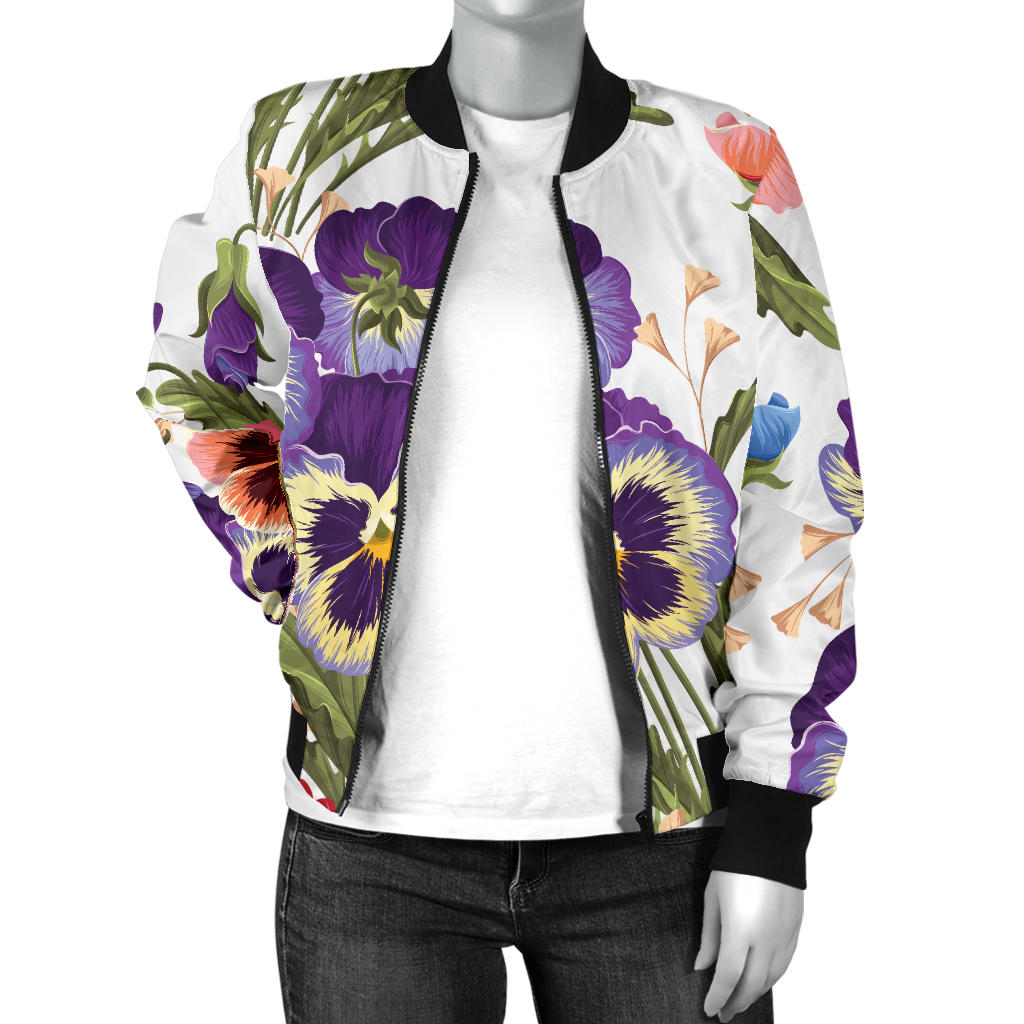 Pansy Pattern Print Design PS06 Women Bomber Jacket