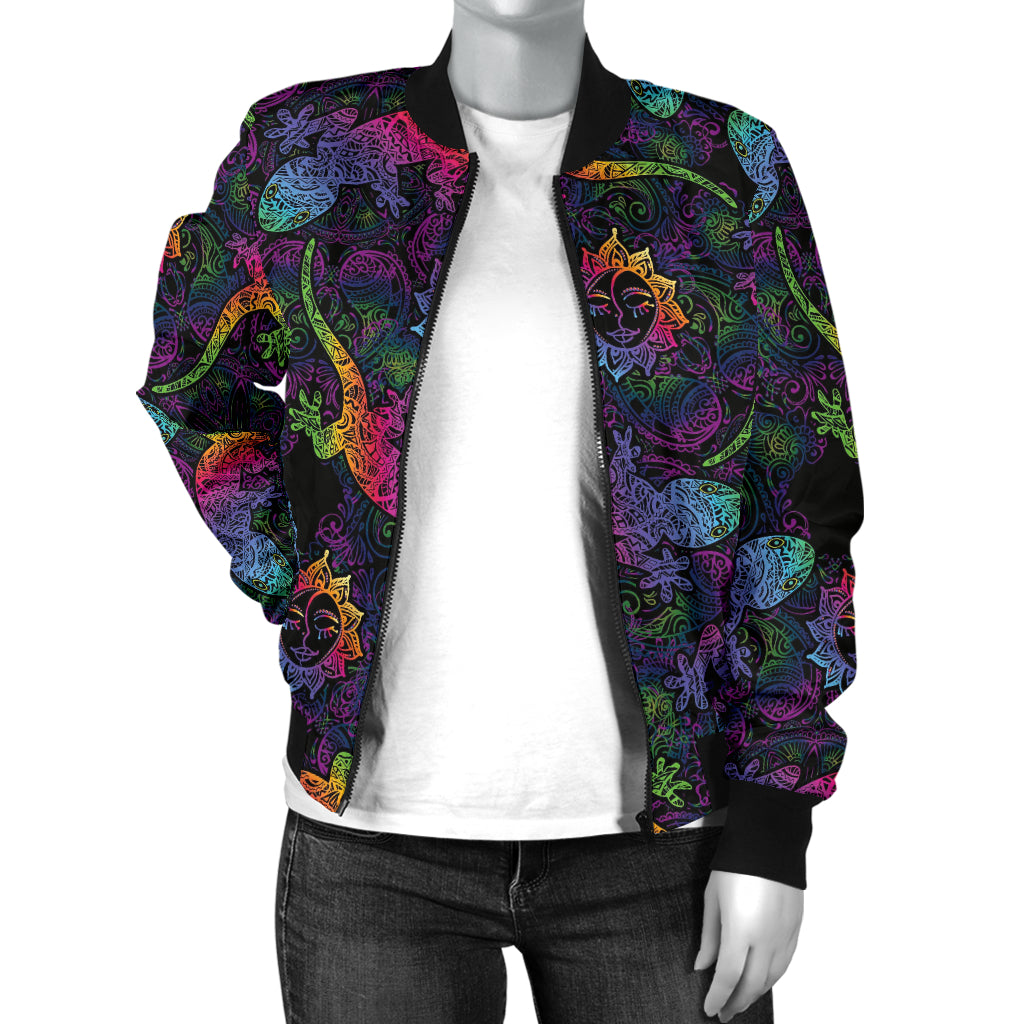 Gecko Rainbow Pattern Print Design 03 Women's Bomber Jacket