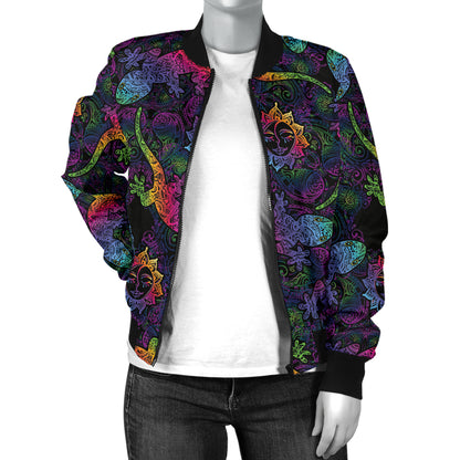 Gecko Rainbow Pattern Print Design 03 Women's Bomber Jacket