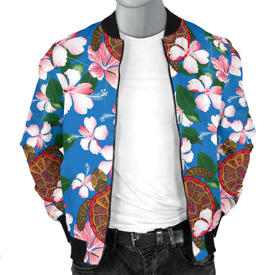 Sea Turtle Pink Hibiscus Hawaiian Print Men Bomber Jacket