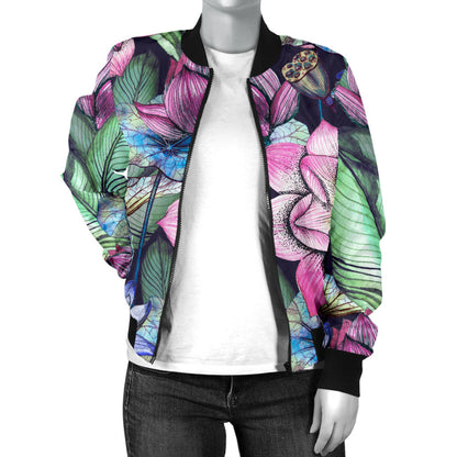 Water Lily Pattern Print Design WL07 Women Bomber Jacket