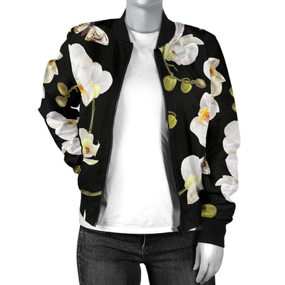 Orchid White Pattern Print Design OR011 Women Bomber Jacket