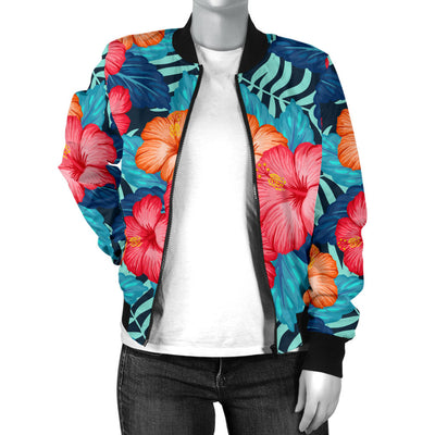 Red Hibiscus Pattern Print Design HB02 Women Bomber Jacket