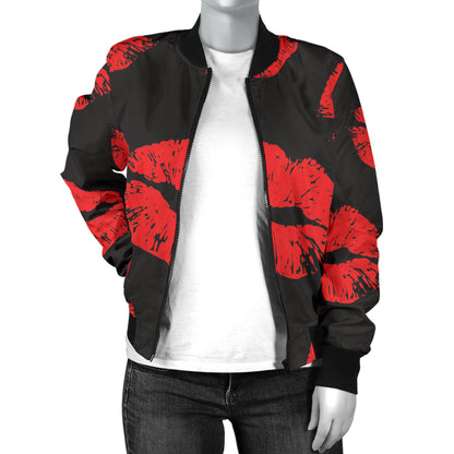 Lip Red Pattern Print Design 02 Women's Bomber Jacket
