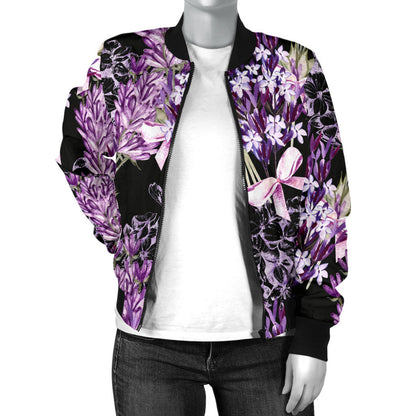 Lavender Pattern Print Design LV06 Women Bomber Jacket