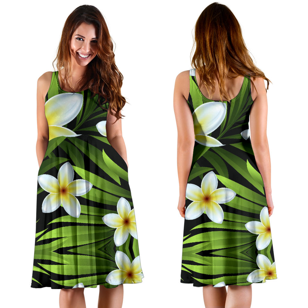 White Plumeria Pattern Print Design PM06 Midi Dress
