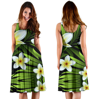 White Plumeria Pattern Print Design PM06 Midi Dress