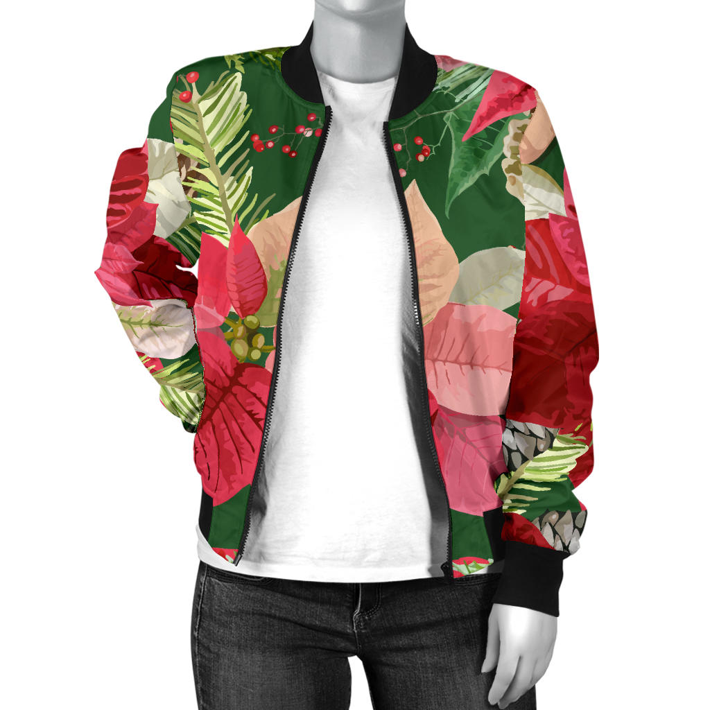Poinsettia Pattern Print Design POT03 Women Bomber Jacket