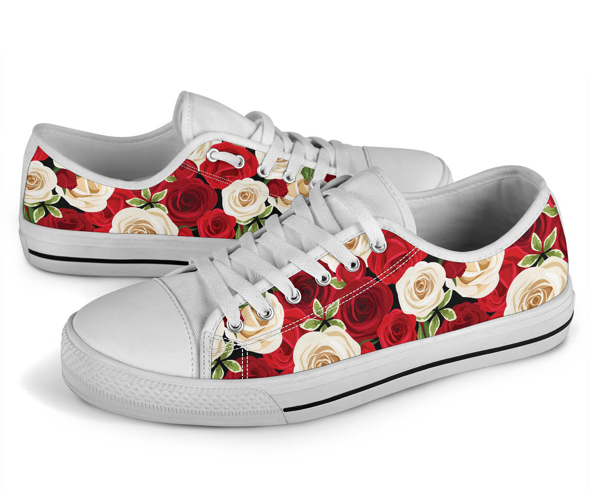 Rose Pattern Print Design RO06 White Bottom Low Top Shoes
