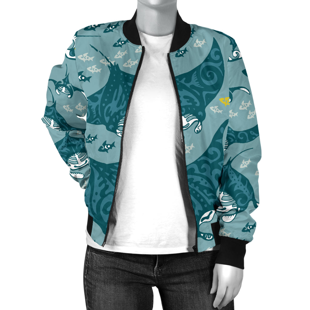 Manta Ray Tribal Pattern Print Design 03 Women's Bomber Jacket