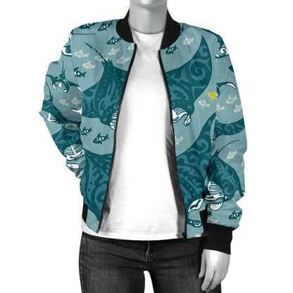 Manta Ray Tribal Pattern Print Design 03 Women's Bomber Jacket