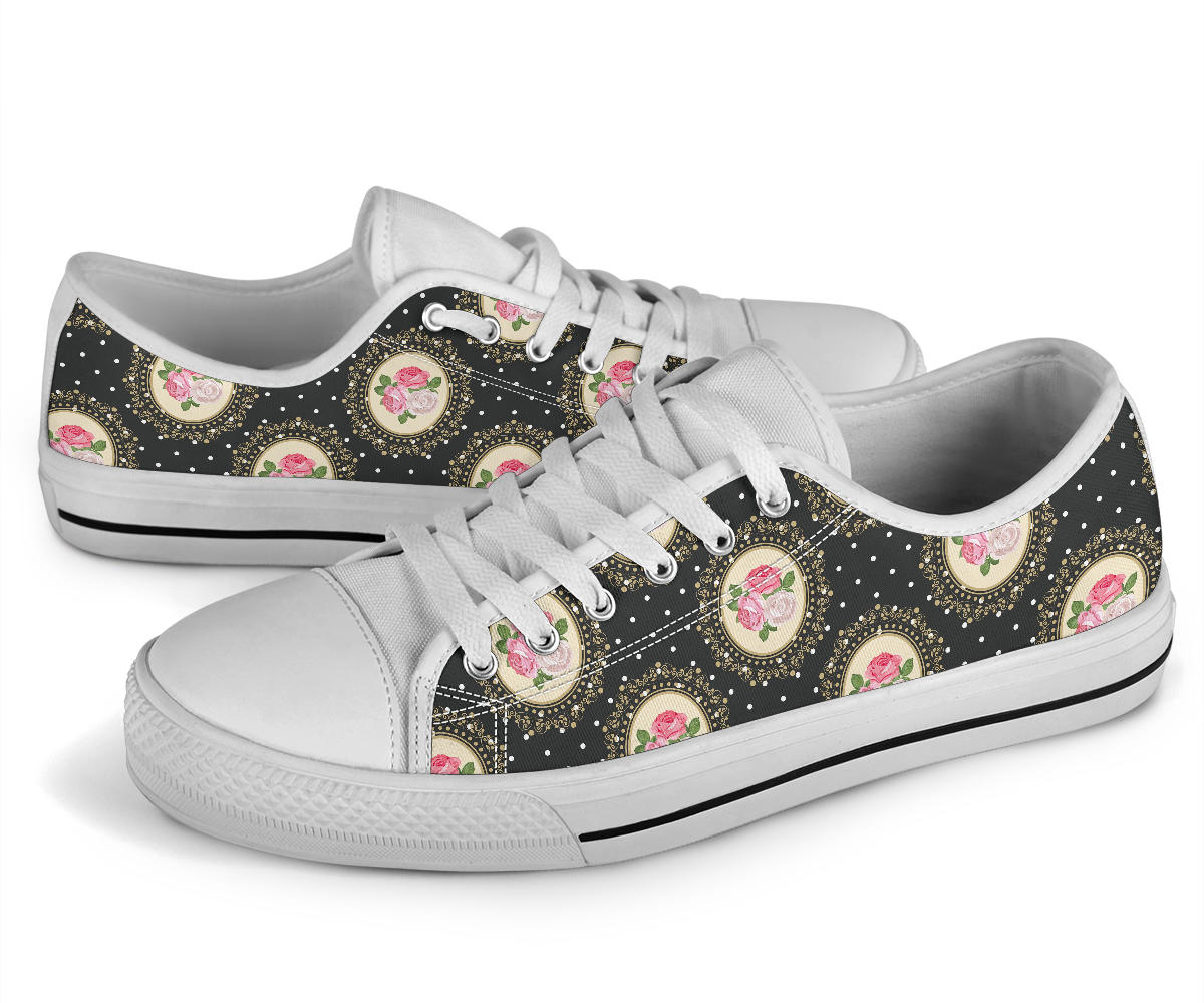 Rose Pattern Print Design RO015 White Bottom Low Top Shoes