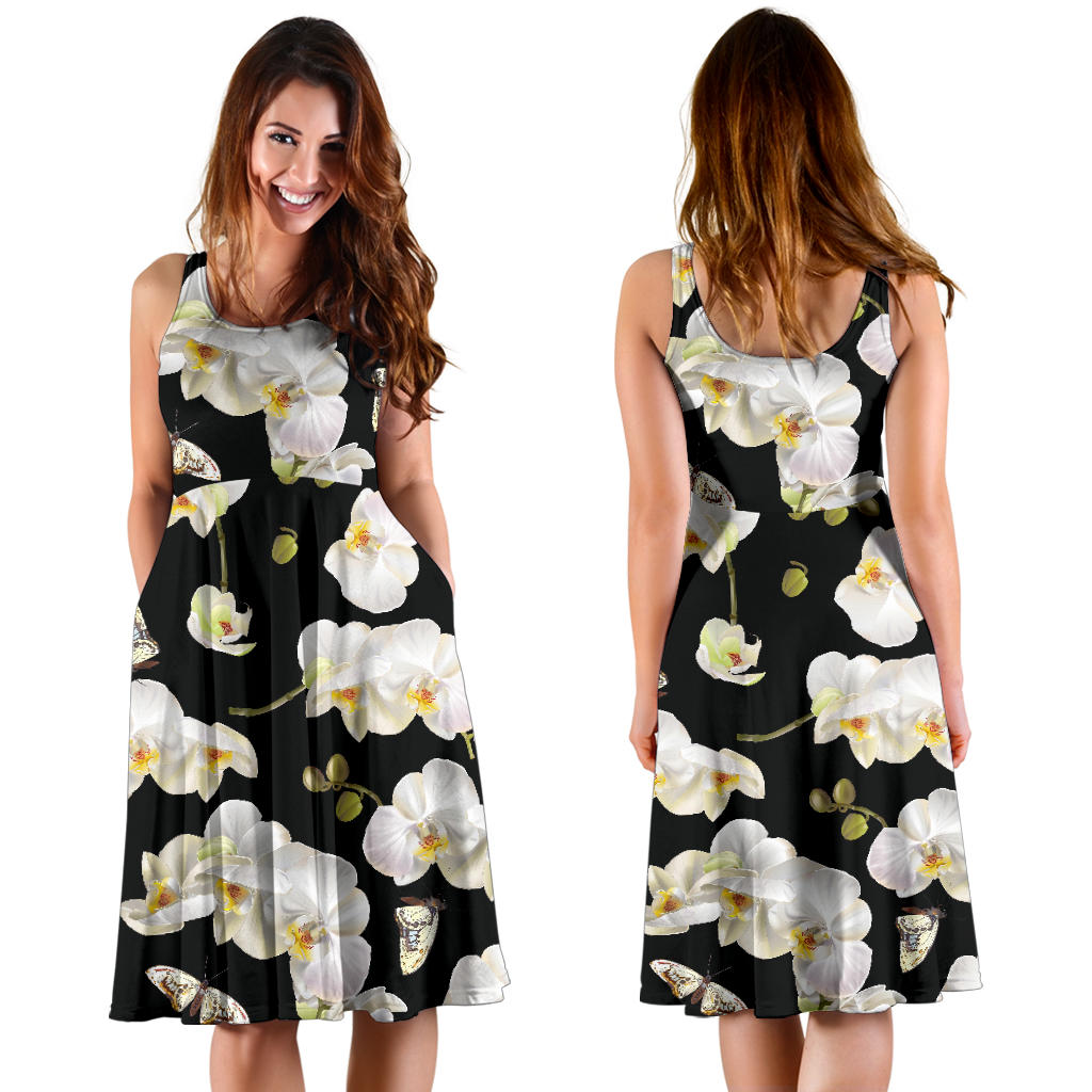 Orchid White Pattern Print Design OR011 Midi Dress