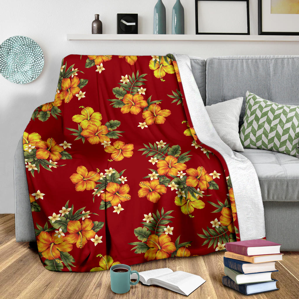 Orange Hibiscus Pattern Print Design HB026 Fleece Blanket