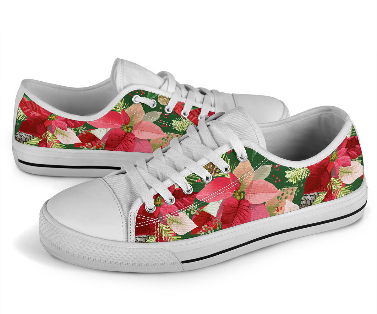Poinsettia Pattern Print Design POT03 White Bottom Low Top Shoes