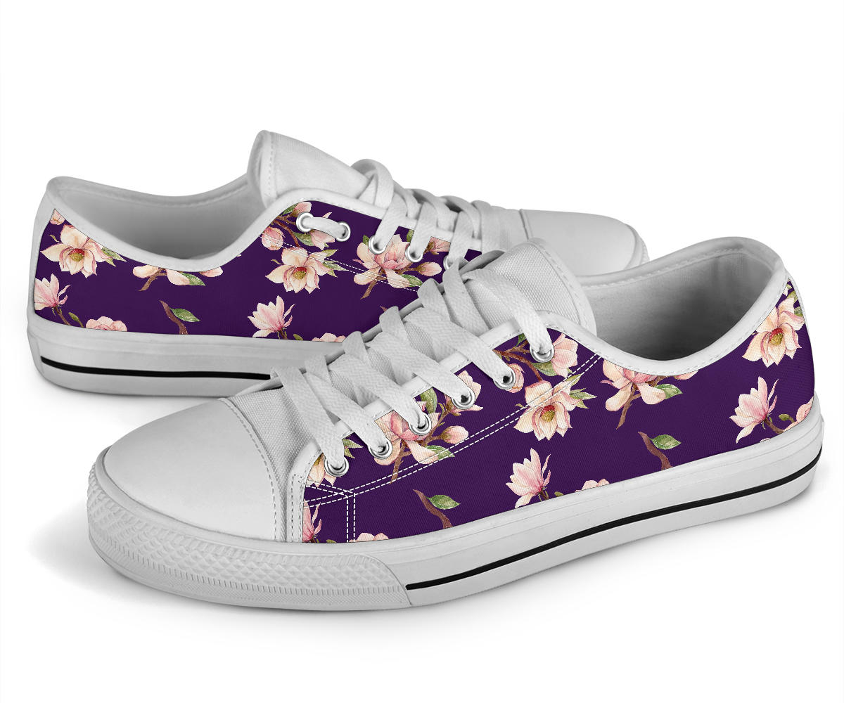 Magnolia Pattern Print Design MAG02 White Bottom Low Top Shoes