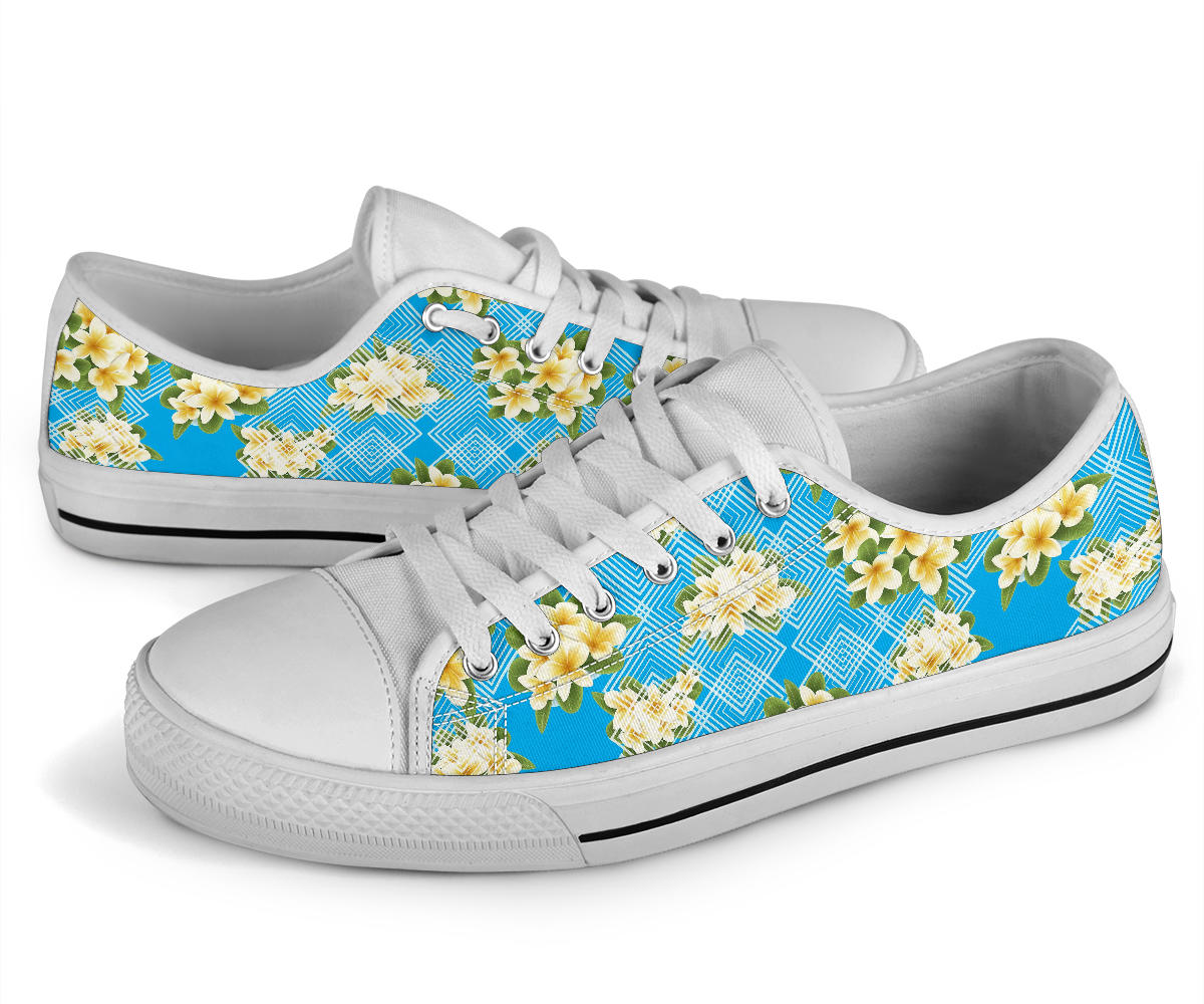 Yellow Plumeria Design Print Pattern White Bottom Low Top Shoes