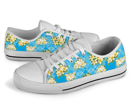 Yellow Plumeria Design Print Pattern White Bottom Low Top Shoes