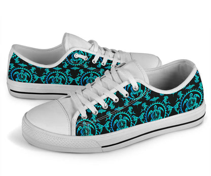 turquoise Tribal Sea Turtle Hawaiian White Bottom Low Top Shoes