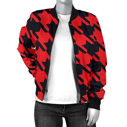 Houndstooth Red Pattern Print Design 03 Women's Bomber Jacket