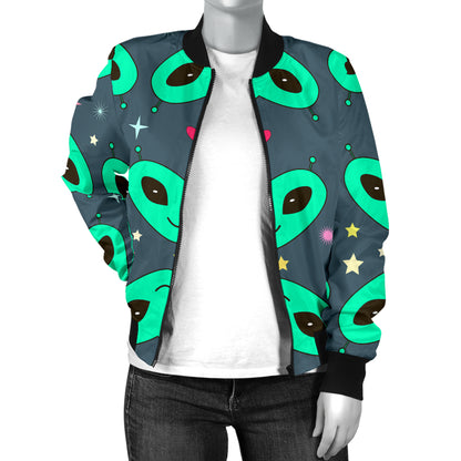 Alien Head Heart Pattern Print Design 03 Women's Bomber Jacket