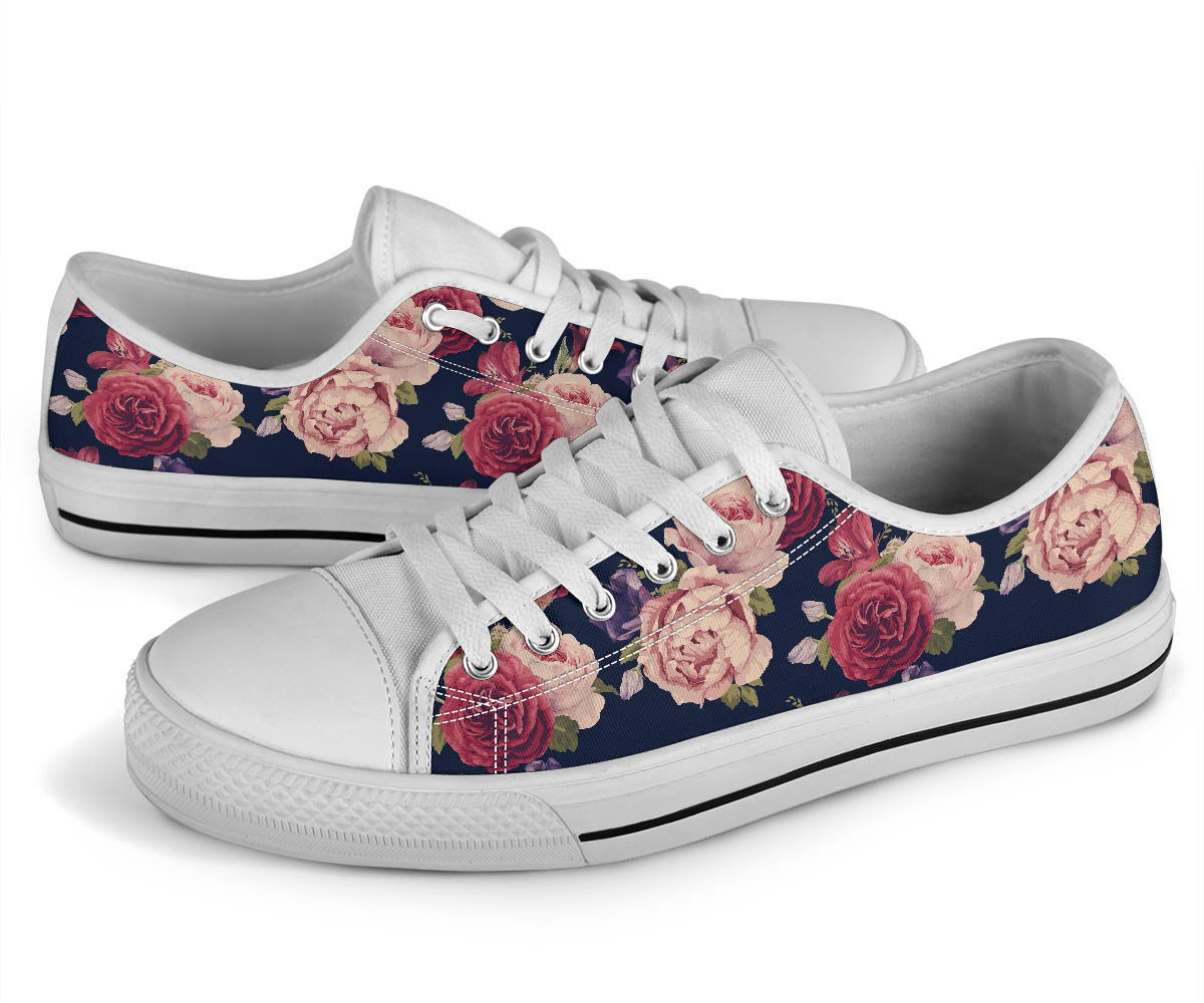 Peony Pattern Print Design PE03 White Bottom Low Top Shoes