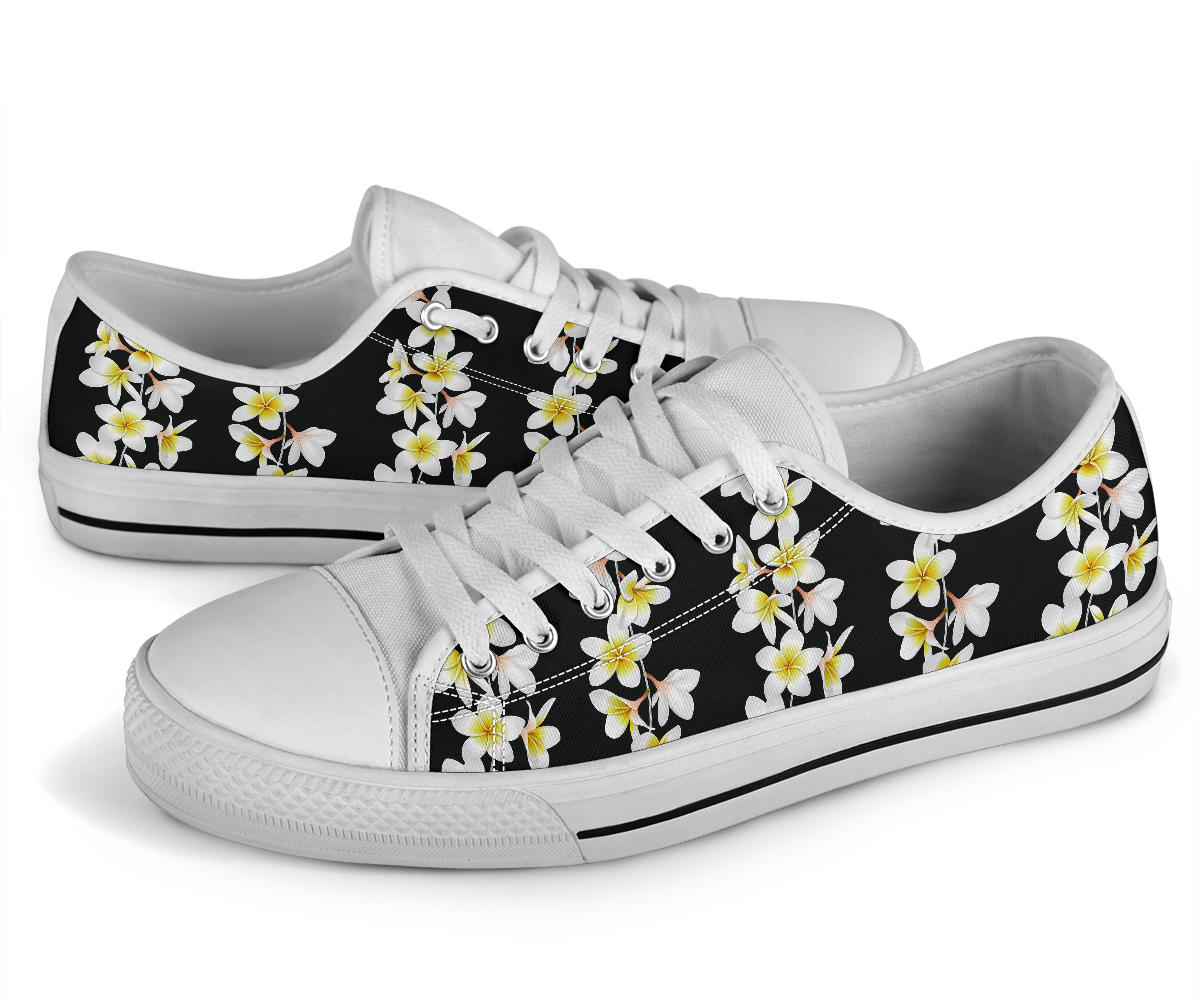 White Plumeria Pattern Print Design PM08 White Bottom Low Top Shoes