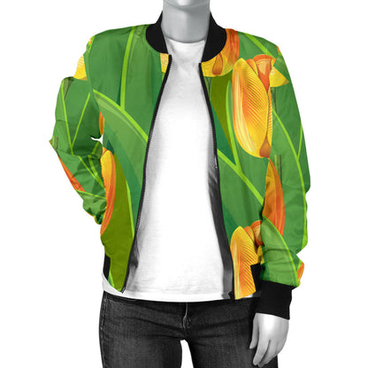 Tulip Orange Pattern Print Design TP07 Women Bomber Jacket