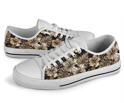 Brown Hibiscus Tropical White Bottom Low Top Shoes