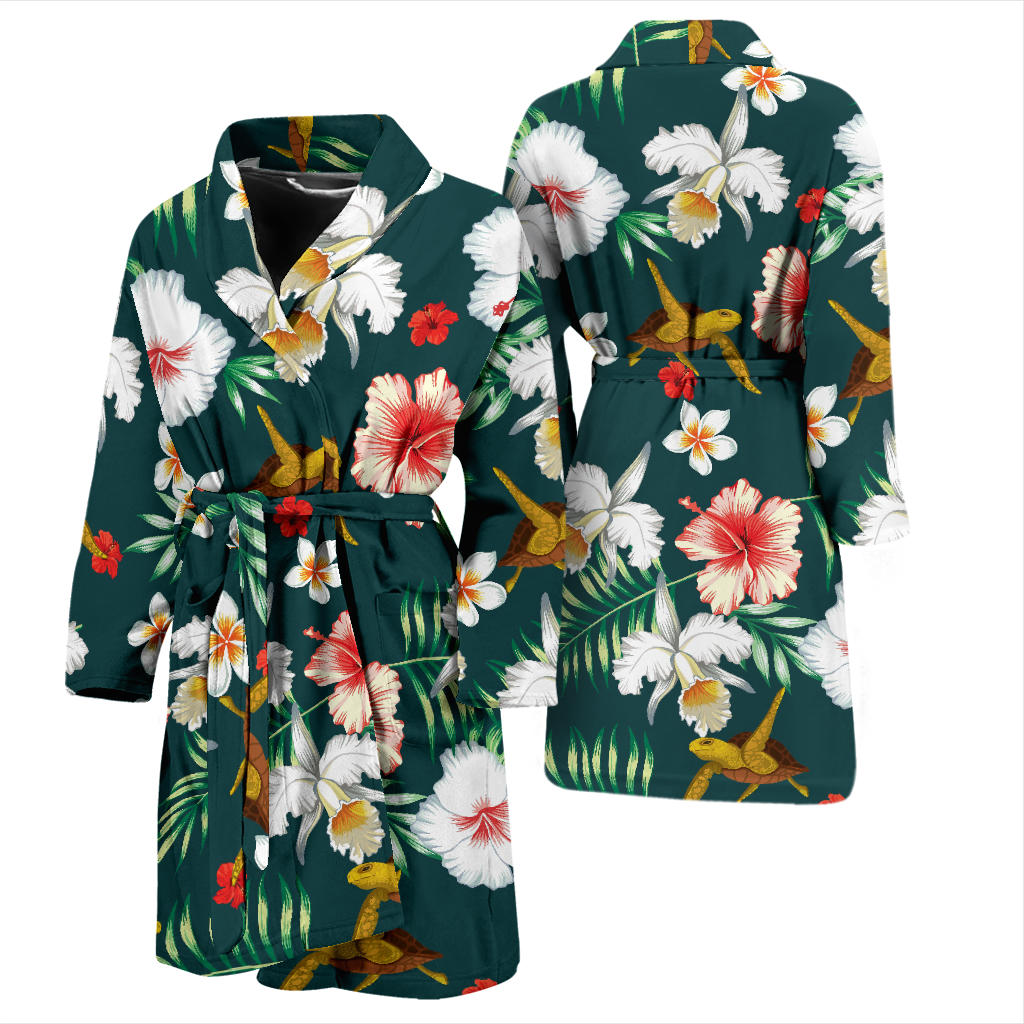 Hawaiian Flower Design With SeaTurtle Print Men Bathrobe