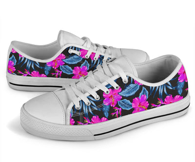 Neon Pink Hibiscus Pattern Print Design HB015 White Bottom Low Top Shoes