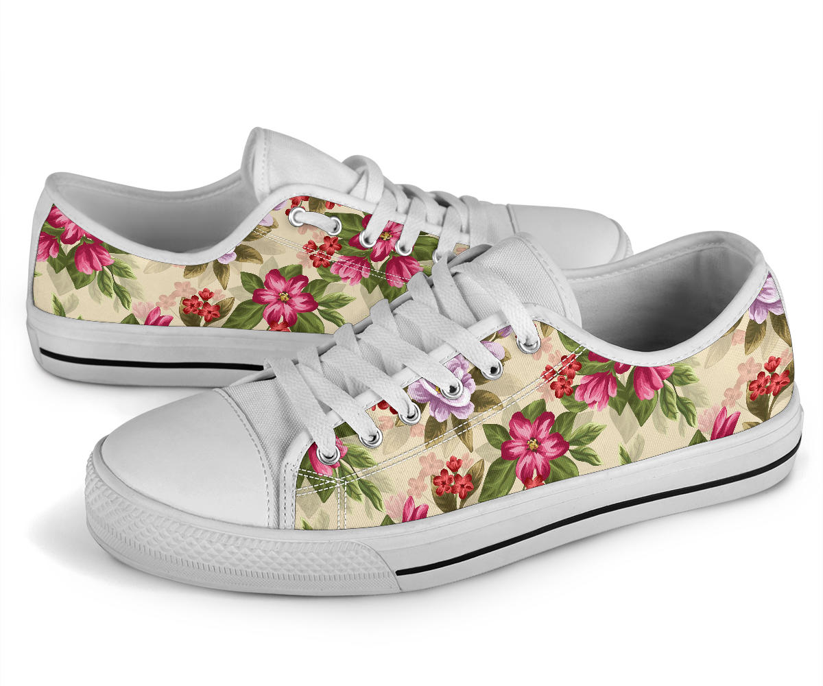 Summer Floral Pattern Print Design SF08 White Bottom Low Top Shoes