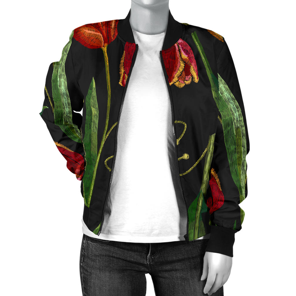 Tulip Embroidered Pattern Print Design TP01 Women Bomber Jacket